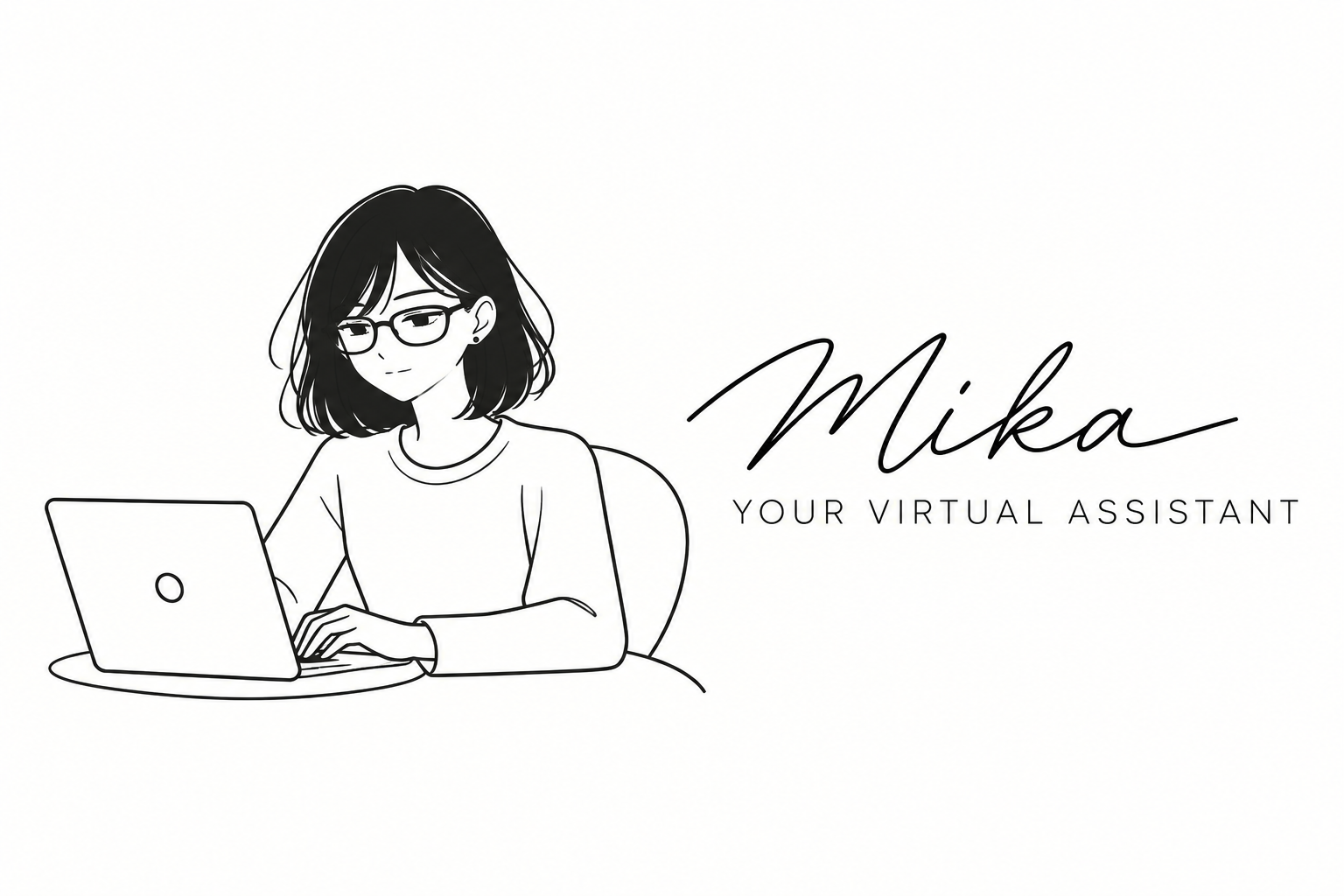 Illustrated portrait of Mika working at her laptop, with signature and Virtual Assistant tagline